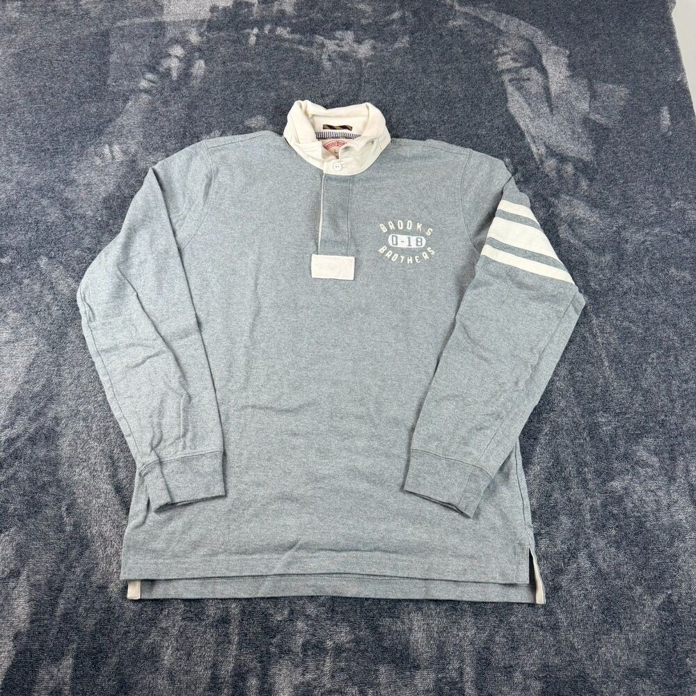 Brooks Brothers Rugby Polo #18 Embroidered Men's L Gray Cotton Long Sleeve